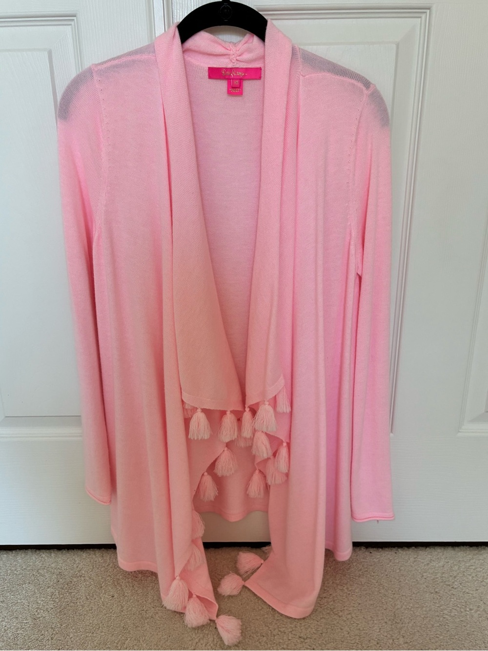 Lilly Pulitzer Wrap Sweater in cotton candy pink with tassels